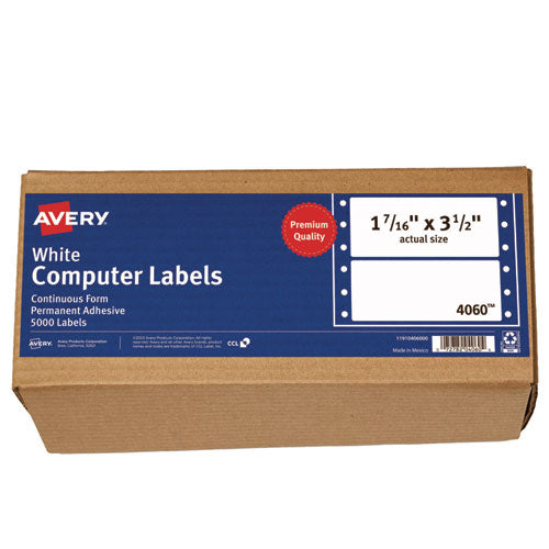 Image of Avery® Dot Matrix Printer Mailing Labels, Pin-Fed Printers, 1.44 X 3.5, White, 5,000/box