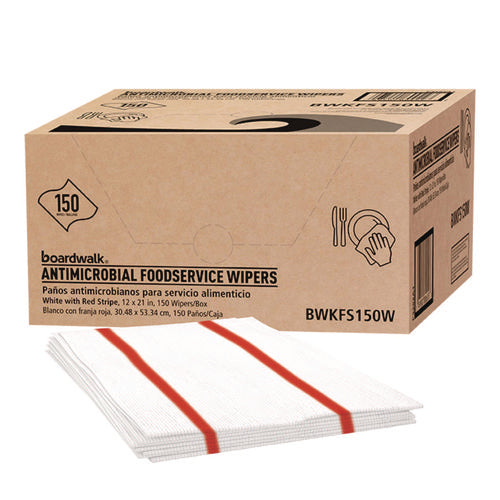 Image of Boardwalk® Antimicrobial Foodservice Wipers, 1-Ply, 12 x 21, Red/White, 150/Carton