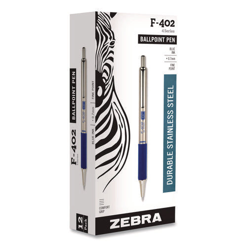 Image of Zebra® F-402 Ballpoint Pen, Retractable, Fine 0.7 Mm, Blue Ink, Stainless Steel/blue Barrel