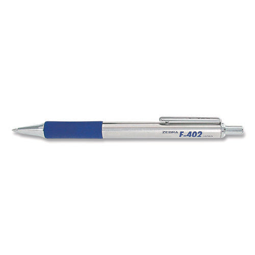 Image of Zebra® F-402 Ballpoint Pen, Retractable, Fine 0.7 Mm, Blue Ink, Stainless Steel/blue Barrel