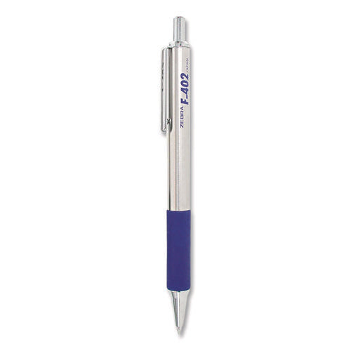 Image of Zebra® F-402 Ballpoint Pen, Retractable, Fine 0.7 Mm, Blue Ink, Stainless Steel/blue Barrel
