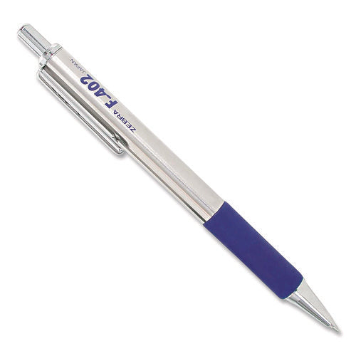 Image of Zebra® F-402 Ballpoint Pen, Retractable, Fine 0.7 Mm, Blue Ink, Stainless Steel/blue Barrel