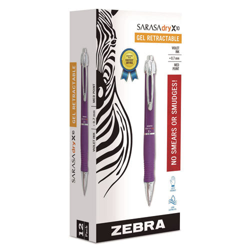 Image of Zebra® Sarasa Dry X10 Gel Pen, Retractable, Medium 0.7 mm, Violet Ink, Violet/Silver Barrel, 12/Pack