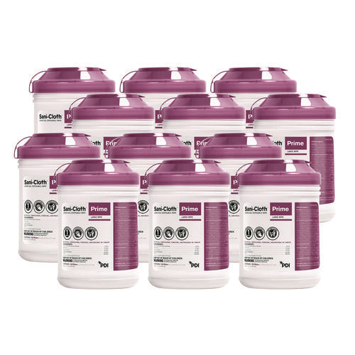 Image of Sani Professional® Sani-Cloth Prime Germicidal Disposable Wipes, Large, 1-Ply, 6 X 6.75, Unscented, White, 160/canister, 12 Canisters/carton