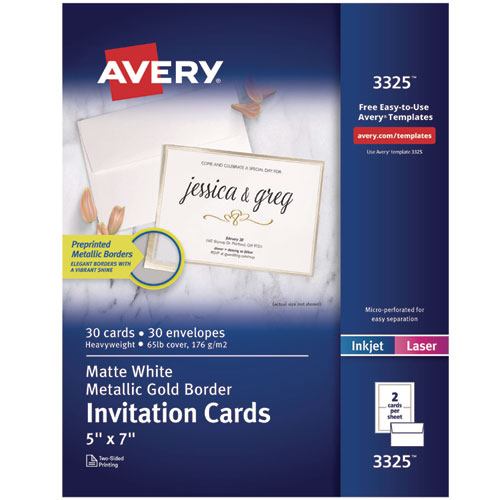 Image of Avery® Invitation Cards with Metallic Border, Inkjet/Laser, 80 lb, 5 x 7, Matte White, 2 Cards/Sheet, 15 Sheets/Pack