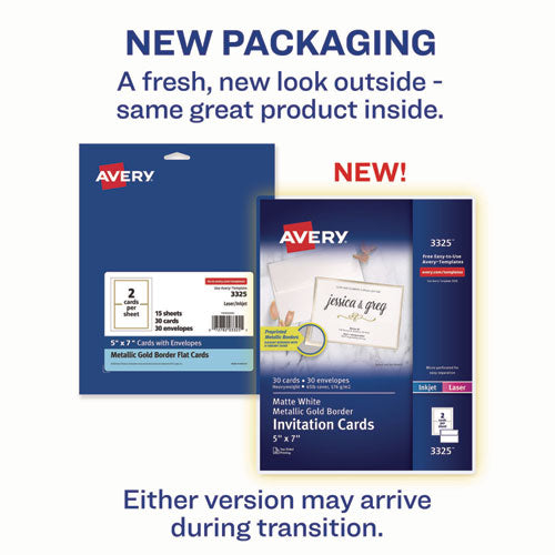 Image of Avery® Invitation Cards with Metallic Border, Inkjet/Laser, 80 lb, 5 x 7, Matte White, 2 Cards/Sheet, 15 Sheets/Pack