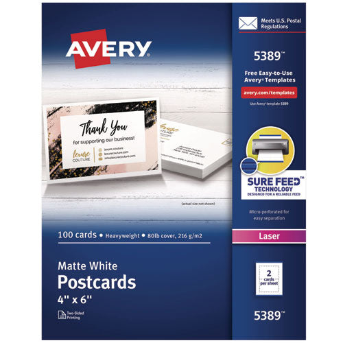 Image of Avery® Printable Postcards, Laser, 80 lb, 4 x 6, Matte White, 100 Cards, 2/Cards/Sheet, 50 Sheets/Box
