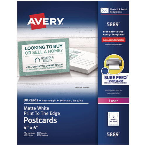 Image of Avery® Printable Postcards, Laser, 80 lb, 4 x 6, Matte White, 80 Cards, 2 Cards/Sheet, 40 Sheets/Box