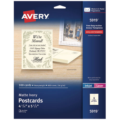 Image of Avery® Printable Postcards, Inkjet/Laser, 80 lb, 4.25 x 5.5, Matte Ivory, 100 Cards, 4 Cards/Sheet, 25 Sheets/Box
