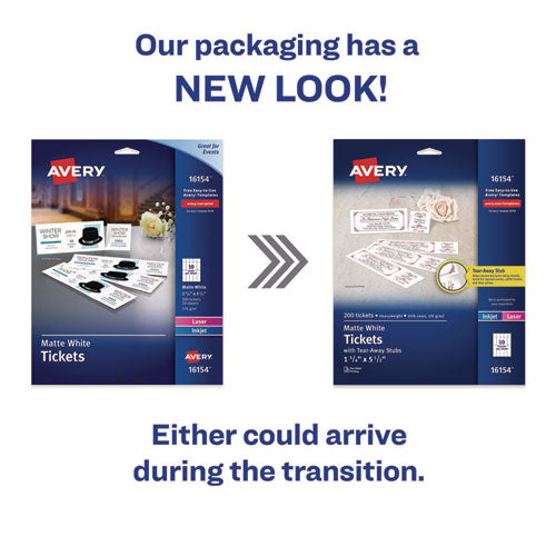 Image of Avery® Printable Tickets w/Tear-Away Stubs, 97 Bright, 65 lb Cover Weight, 8.5 x 11, White, 10 Tickets/Sheet, 20 Sheets/Pack