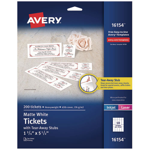 Image of Avery® Printable Tickets w/Tear-Away Stubs, 97 Bright, 65 lb Cover Weight, 8.5 x 11, White, 10 Tickets/Sheet, 20 Sheets/Pack