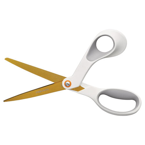 Image of Fiskars® SoftGrip Titanium Scissors, 8" Long, 4" Cut Length, Offset White Handle