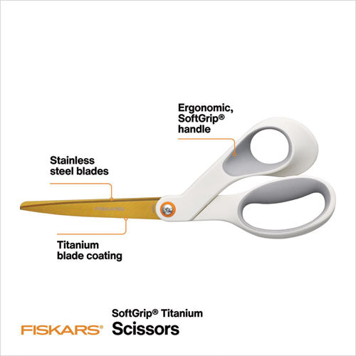 Image of Fiskars® SoftGrip Titanium Scissors, 8" Long, 4" Cut Length, Offset White Handle