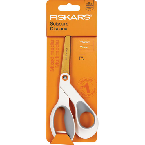 Image of Fiskars® SoftGrip Titanium Scissors, 8" Long, 4" Cut Length, Offset White Handle