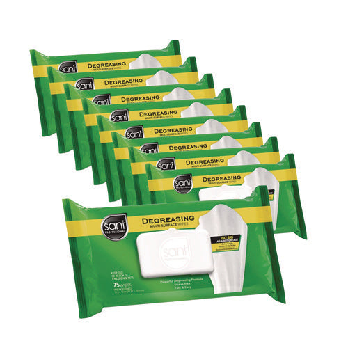 Image of Sani Professional® Degreasing Multi-Surface Wipes, 1-Ply, 11.5 x 10, 75, Floral Scent, White, Wipes/Pack, 9 Packs/Carton