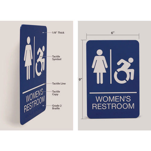 Image of Headline® Sign ADA Sign, Women's Restroom, 6 x 9, Blue Face, White Graphics