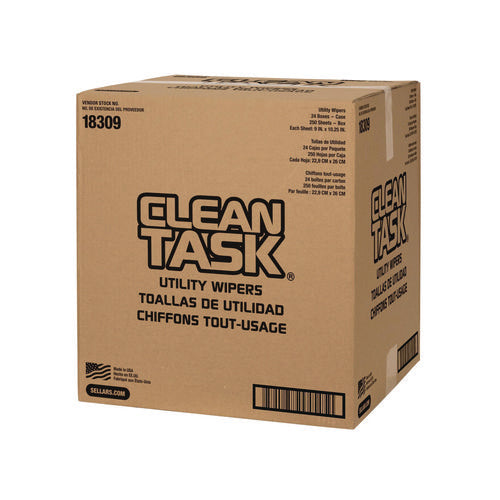 Image of Sellars® Clean Task Utility Wipers, 1-Ply, 9 x 10.25, White, 250 Sheets/Box, 24 Boxes/Carton