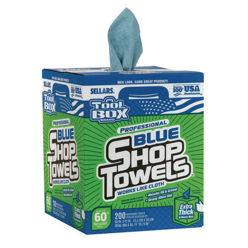 Image of Sellars® TOOLBOX Blue Shop Towels, 1-Ply, 10 x 12, Blue, 200 Sheets/Box, 4 Boxes/Carton