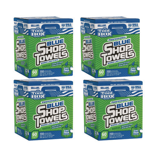 Image of Sellars® TOOLBOX Blue Shop Towels, 1-Ply, 10 x 12, Blue, 200 Sheets/Box, 4 Boxes/Carton