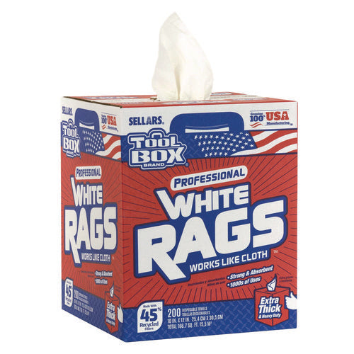 Image of Sellars® TOOLBOX White Rags, 1-Ply, 9.8 x 12, White, 200 Sheets/Box, 6 Boxes/Carton