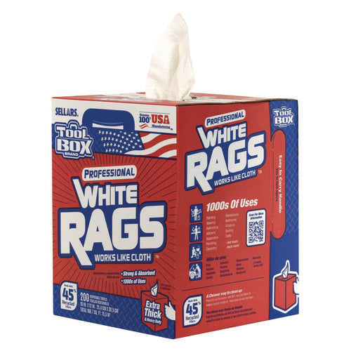 Image of Sellars® TOOLBOX White Rags, 1-Ply, 9.8 x 12, White, 200 Sheets/Box, 6 Boxes/Carton