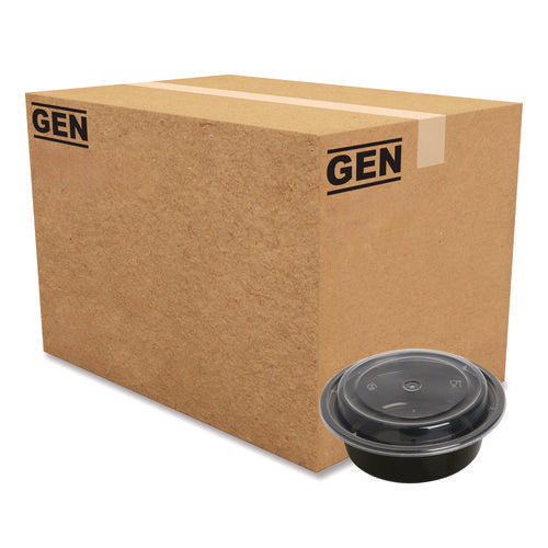 Image of GEN Microwavable Food Container with Lid, Round, 16 oz, 6.29 x 6.29 x 1.96, Black/Clear, Plastic, 150/Carton