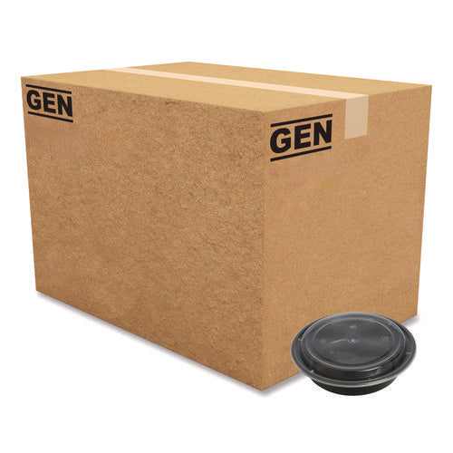 Image of GEN Microwavable Food Container with Lid, Round, 24 oz, 7.28 x 7.28 x 1.96, Black/Clear, Plastic, 150/Carton