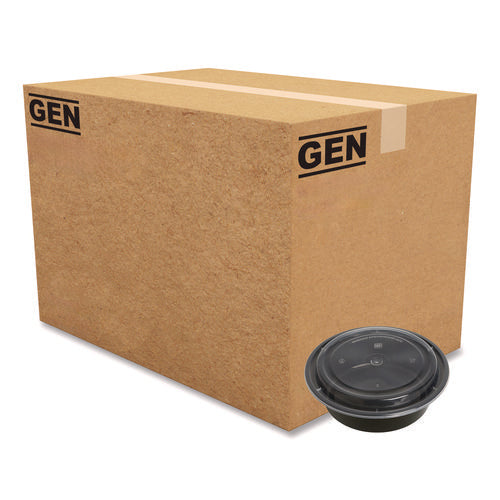 Image of GEN Microwavable Food Container with Lid, Round, 32 oz, 7.28 x 7.28 x 2.55, Black/Clear, Plastic, 150/Carton