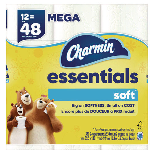 Image of Charmin® Essentials Soft Bathroom Tissue, Septic Safe, 2-Ply, White, 330 Sheets/Roll, 12 Rolls/Pack, 4 Packs/Carton