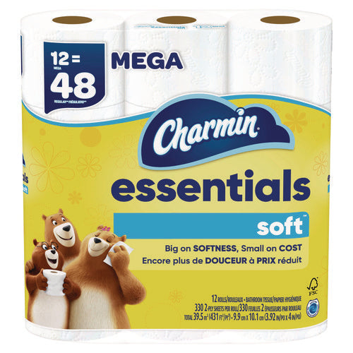 Image of Charmin® Essentials Soft Bathroom Tissue, Septic Safe, 2-Ply, White, 330 Sheets/Roll, 12 Rolls/Pack, 4 Packs/Carton
