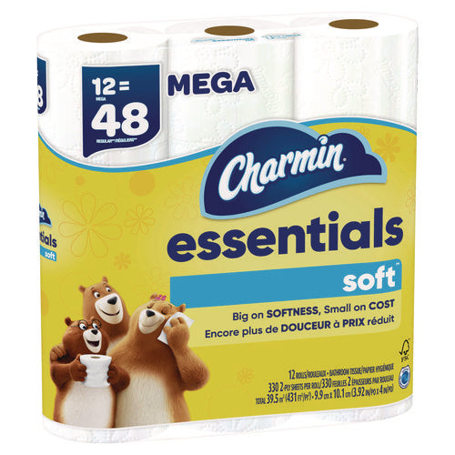 Image of Charmin® Essentials Soft Bathroom Tissue, Septic Safe, 2-Ply, White, 330 Sheets/Roll, 12 Rolls/Pack, 4 Packs/Carton