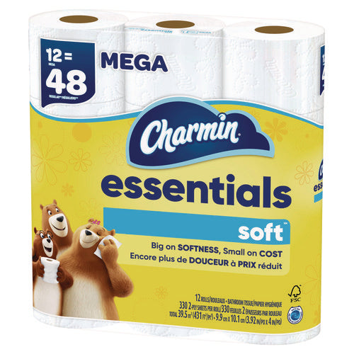 Image of Charmin® Essentials Soft Bathroom Tissue, Septic Safe, 2-Ply, White, 330 Sheets/Roll, 12 Rolls/Pack, 4 Packs/Carton