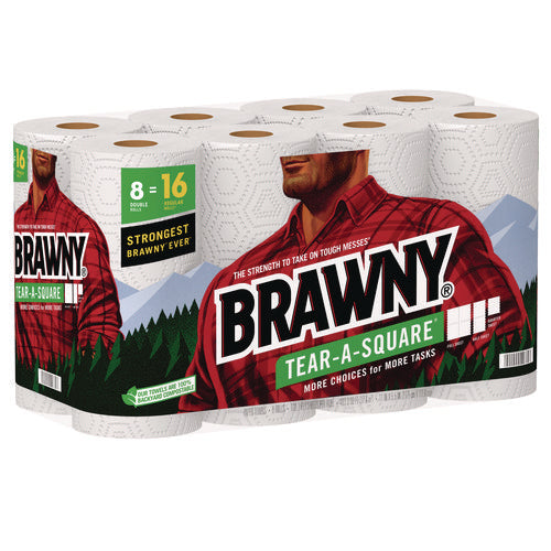 Image of Brawny® Tear-A-Square Perforated Kitchen Roll Towels, Double Roll, 2-Ply, 11" x 11", White, 120 Sheets/Roll, 8 Rolls/Pack
