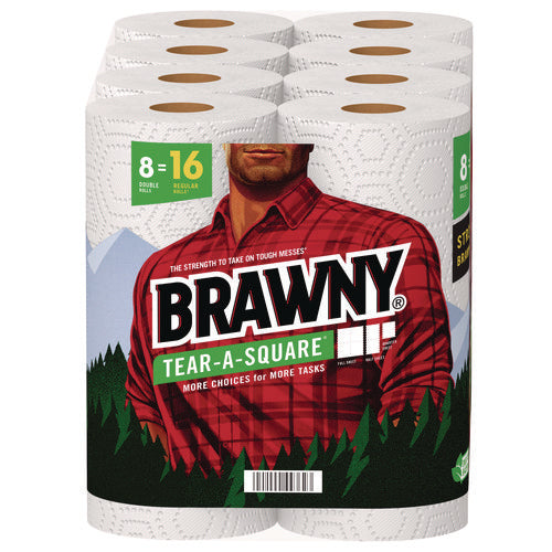 Image of Brawny® Tear-A-Square Perforated Kitchen Roll Towels, Double Roll, 2-Ply, 11" x 11", White, 120 Sheets/Roll, 8 Rolls/Pack