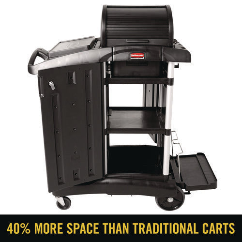 Image of Rubbermaid® Commercial Executive High Security Janitorial Cleaning Cart, Plastic, 4 Shelves, 1 Bin, 23.1" x 39.6" x 27.5", Black