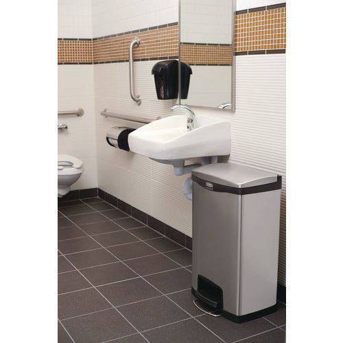 Image of Rubbermaid® Commercial Slim Jim Stainless Steel Step-On Container, Front Step Style, 24 gal, Stainless Steel, Black