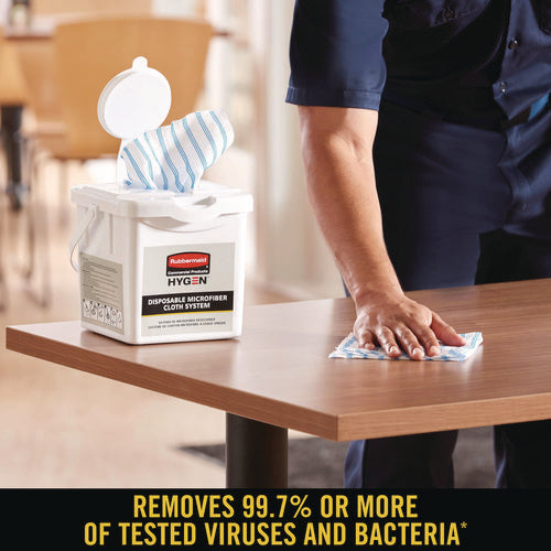 Image of Rubbermaid® Commercial HYGEN Disposable Microfiber Cleaning Cloths, 12 x 12, White/Blue Stripe, 600/Carton
