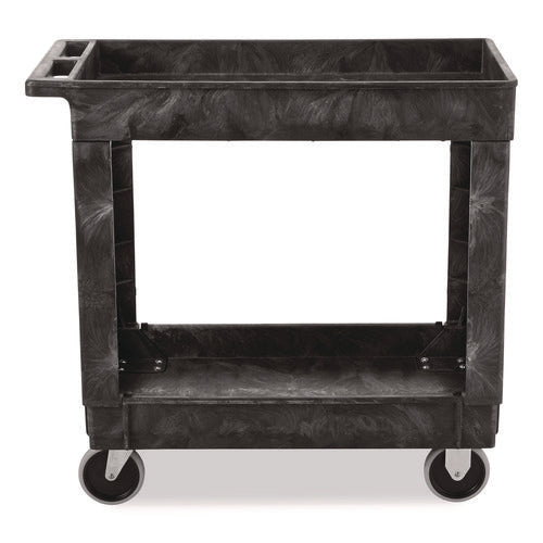 Image of Rubbermaid® Commercial Heavy-Duty Flat-Handle Maintenance/Utility Cart, Plastic, 2 Shelves, 500 lb Capacity, 34.13" x 17.38" x 32.38", Black