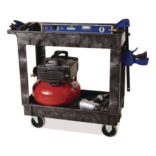 Image of Rubbermaid® Commercial Heavy-Duty Flat-Handle Maintenance/Utility Cart, Plastic, 2 Shelves, 500 lb Capacity, 34.13" x 17.38" x 32.38", Black