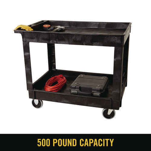 Image of Rubbermaid® Commercial Heavy-Duty Flat-Handle Maintenance/Utility Cart, Plastic, 2 Shelves, 500 lb Capacity, 24" x 40" x 31.25", Black