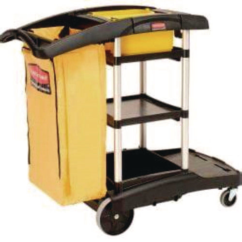 Image of Rubbermaid® Commercial HYGEN HYGEN Microfiber Healthcare Cleaning Cart, Plastic, 3 Shelves, 5 Bins, 22" x 48.25" x 44", Yellow/Black/Silver