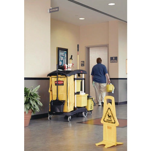 Image of Rubbermaid® Commercial HYGEN HYGEN Microfiber Healthcare Cleaning Cart, Plastic, 3 Shelves, 5 Bins, 22" x 48.25" x 44", Yellow/Black/Silver
