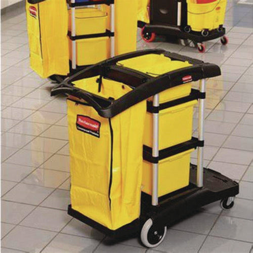 Image of Rubbermaid® Commercial HYGEN HYGEN Microfiber Healthcare Cleaning Cart, Plastic, 3 Shelves, 5 Bins, 22" x 48.25" x 44", Yellow/Black/Silver