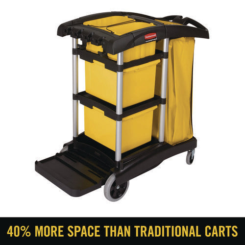 Image of Rubbermaid® Commercial HYGEN HYGEN Microfiber Healthcare Cleaning Cart, Plastic, 3 Shelves, 5 Bins, 22" x 48.25" x 44", Yellow/Black/Silver