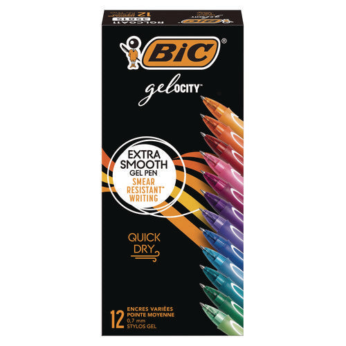 Image of BIC® Gel-ocity Quick Dry Gel Pen, Retractable, Fine 0.7 mm, Assorted Ink and Barrel Colors, Dozen