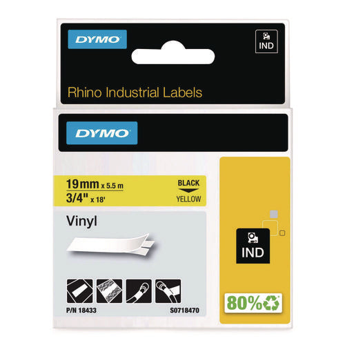 Image of DYMO® Rhino Permanent Vinyl Industrial Label Tape, 0.75" X 18 Ft, Yellow/black Print