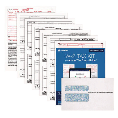 Image of Adams® 6-Part W-2 Tax Form Kit with Security Envelopes and Tax Forms Helper, 2024, 8.5 x 5.5, 2 Forms/Sheet, 24 Forms Total