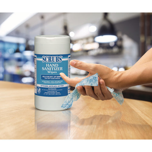 Image of SCRUBS® Hand Sanitizer Wipes, 1-Ply, 6 x 8, Unscented, Blue/White, 85/Canisters, 6 Canisters/Carton