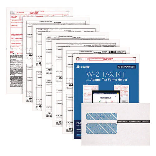 Image of Adams® 6-Part W-2 Tax Form Kit with Security Envelopes and Tax Forms Helper, 2024, 8 x 5.5, 2 Forms/Sheet, 10 Forms Total