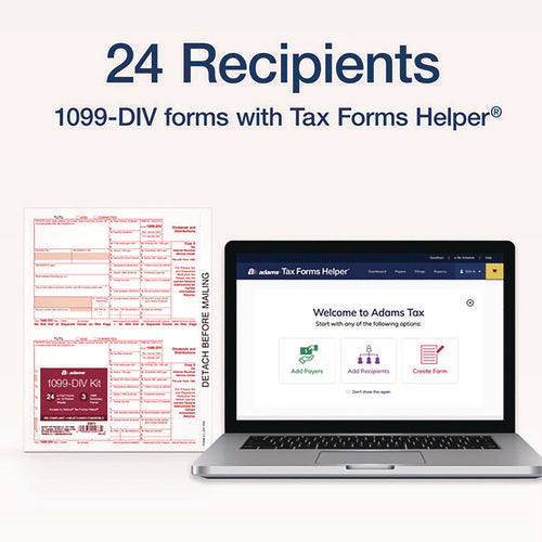 Image of Adams® 4-Part 1099-DIV Tax Forms with Tax Forms Helper, Fiscal Year: 2024, 4-Part Carbonless, 8 x 5.5, 2 Forms/Sheet, 24 Forms Total